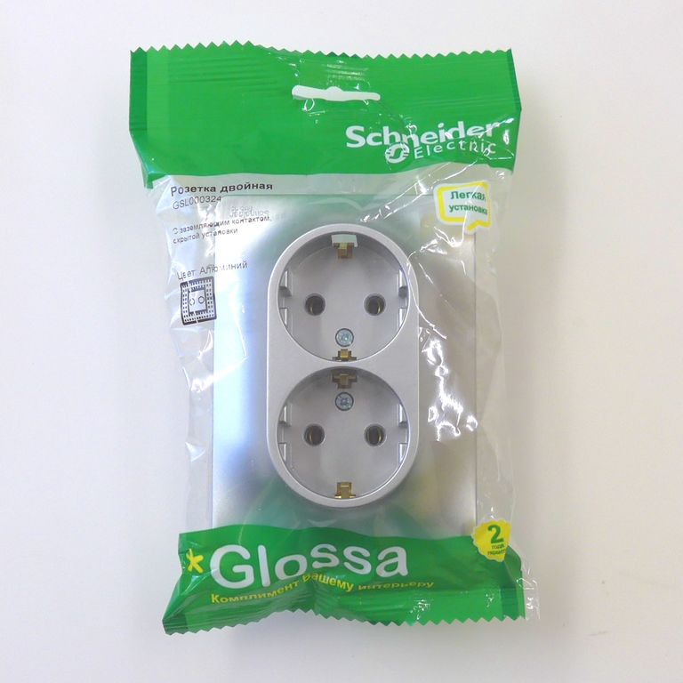 GLOSSA Розетка двойная с заземлением в сборе алюминий Schneider Electric