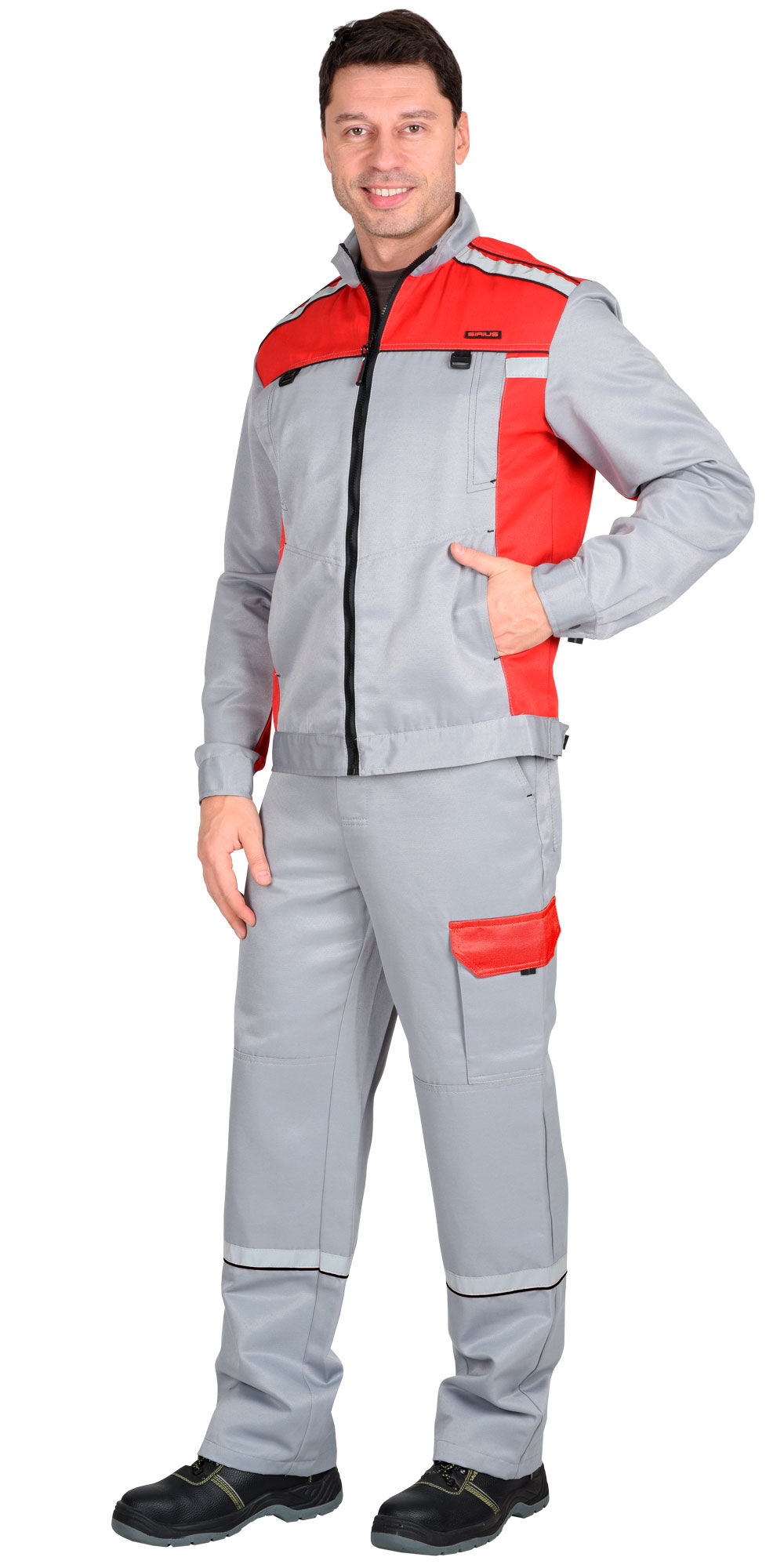 Костюм ПРАКТИК-1 куртка, полукомбинезон светло-серрый с красным