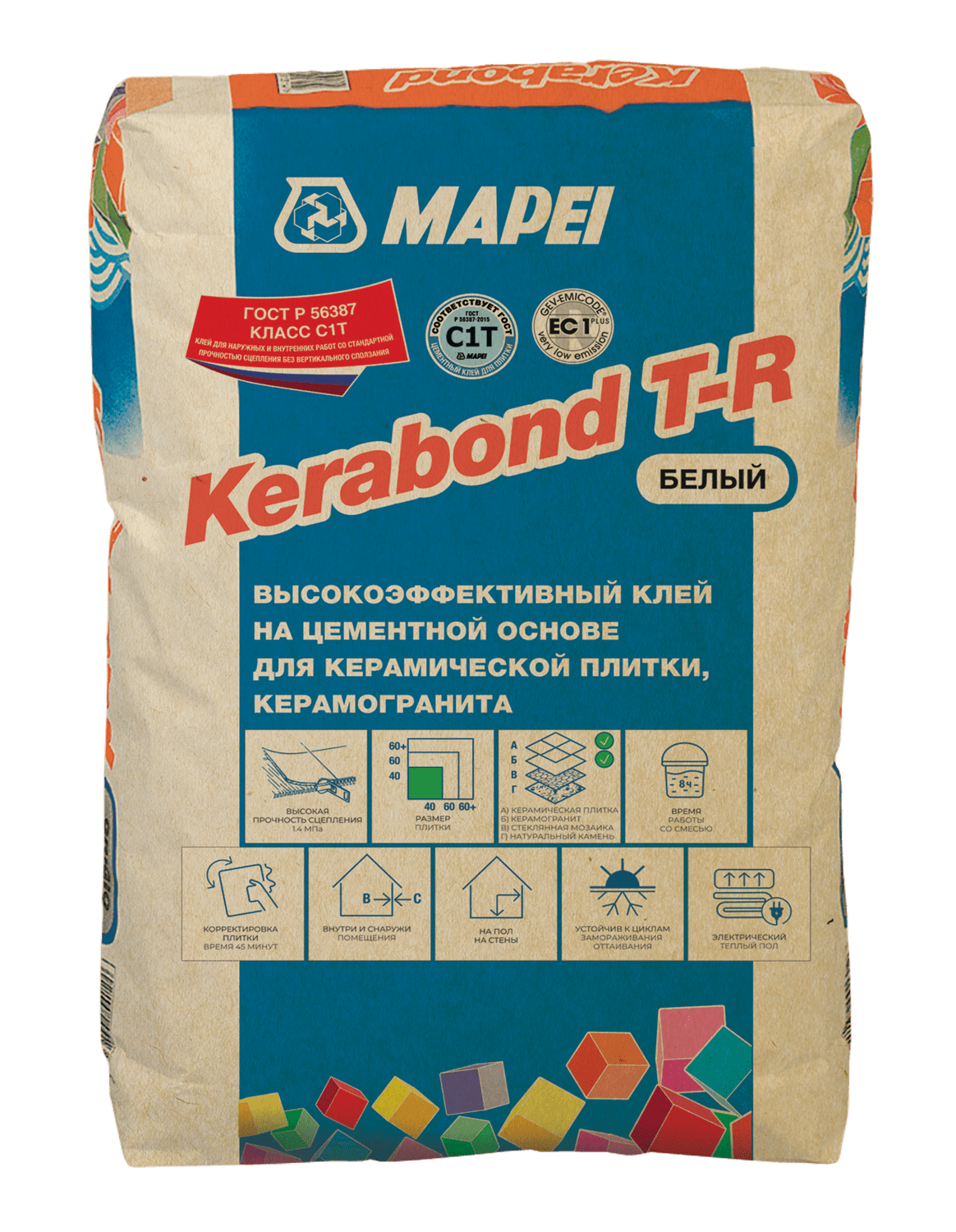 Клей для керамической плитки и керамогранита KERABOND T-R, белый, Mapei, 25 кг