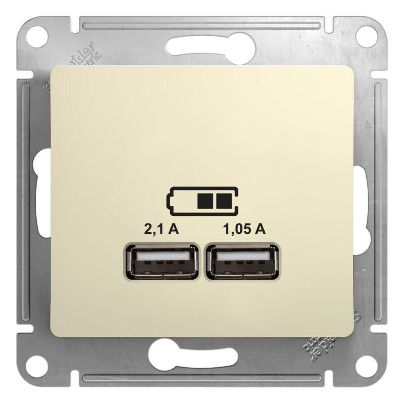 Розетка USB 2-местная СП Glossa A + A 5В/2.1А 2х5В/1.05А механизм цвет бежевый SE GSL000233 Systeme Electric