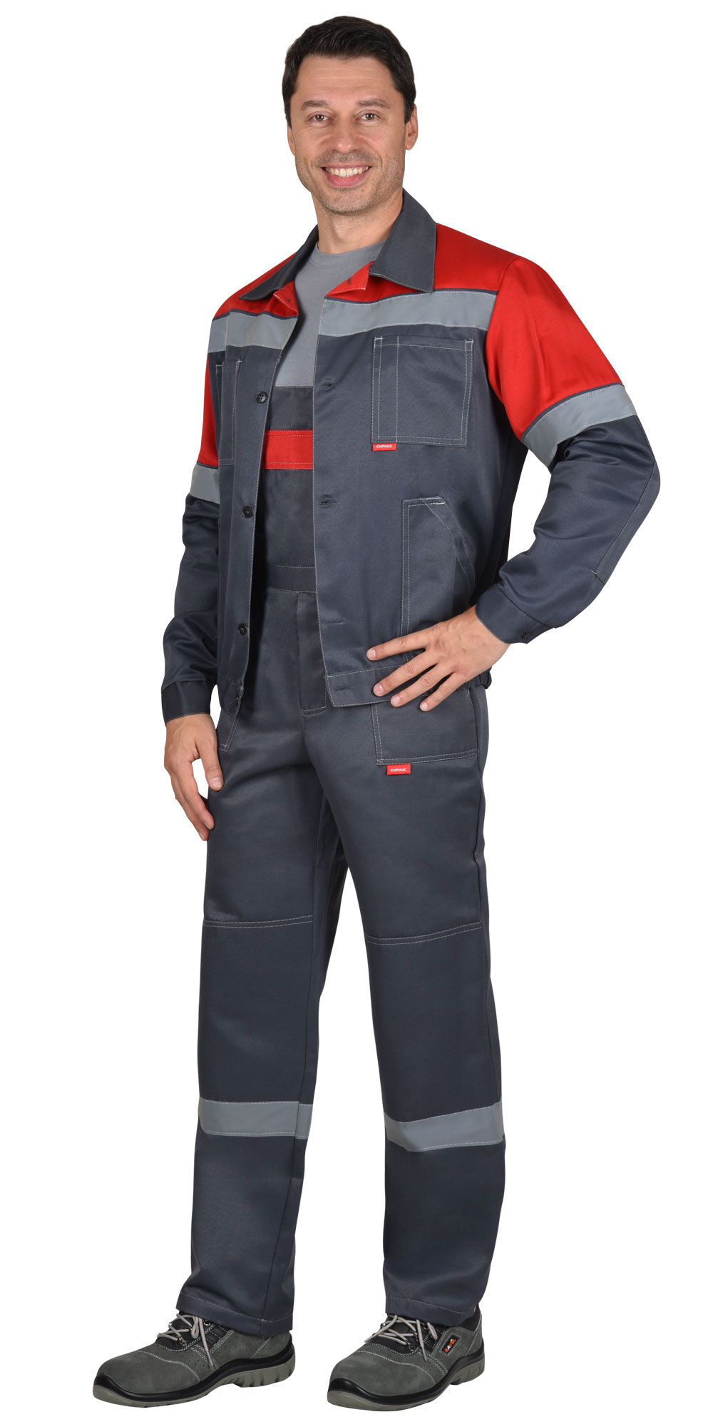 Костюм ЛЕГИОНЕР куртка, полукомбинезон темно-серый с красным СОП 50 мм