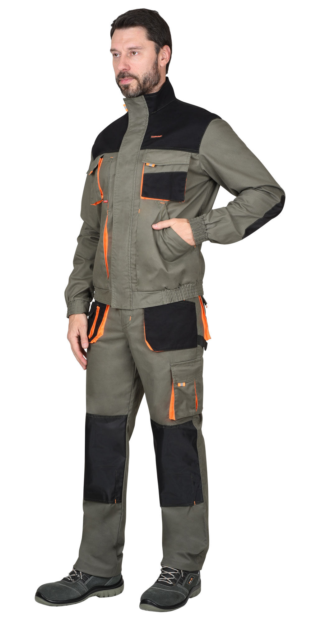 Костюм МАНХЕТТЕН куртка, брюки оливковый с оранжевым и черным ткань меховой стрейч пл 260 г/кв.м