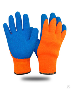 Перчатки утепленные оранжевые, акрил с синим рифленым латексным покрытием 7 кл. (х100) 