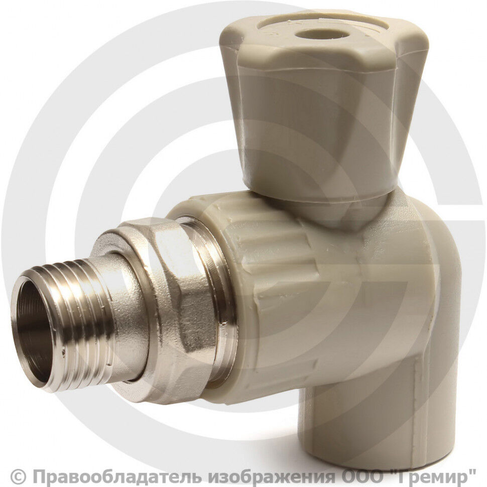 Клапан запорный (вентиль) PP-R серый НР (НАР) Дн 20-1/2" Ру-25 угловой для радиатора VALFEX