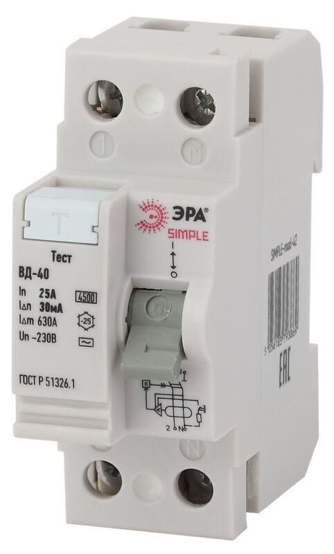 Выключатель дифференциального тока (УЗО) 2п 25А/30мА ВД-40 (электронное) SIMPLE-mod-42 ЭРА Б0039262 Эра