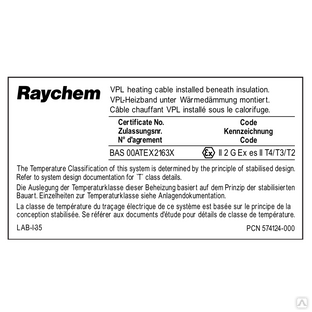 Табличка стабилизированного расчета (VPL) LAB-I-35 Raychem 
