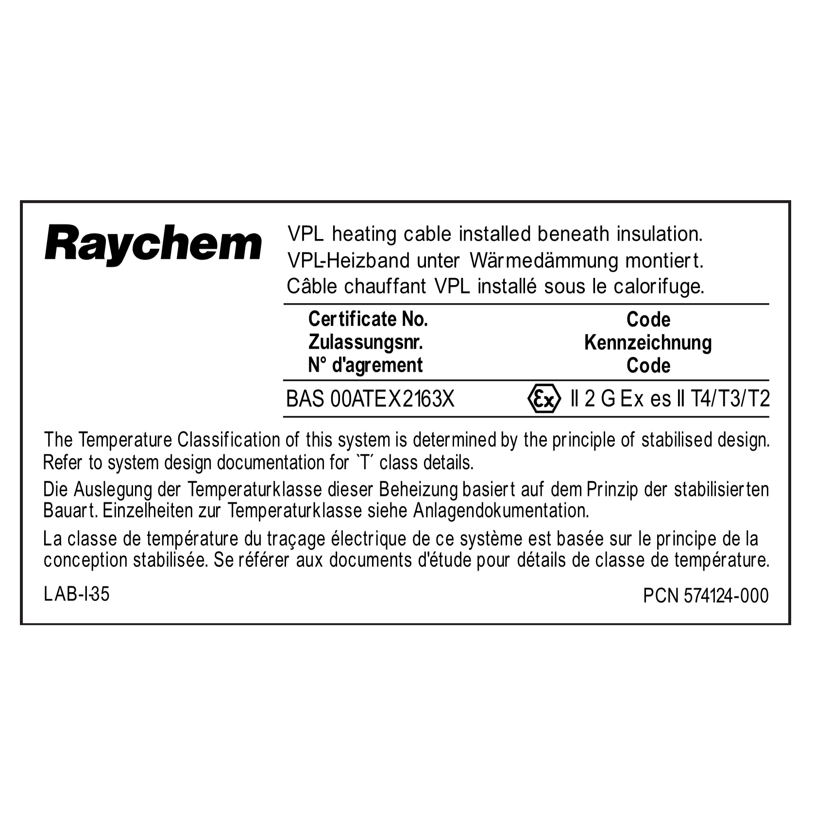 Табличка стабилизированного расчета (VPL) LAB-I-35 Raychem