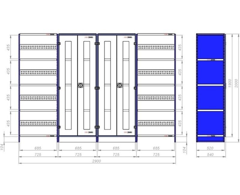 Модульный двойной стеллаж с двухдверным шкафом 2000х2900х540 мм 3