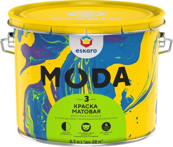 Краска в/д матовая для стен и потолков "Eskaro Moda 3" База А 2,7л