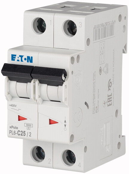 Автоматический выключатель Eaton 25 А, кривая отключения С, 2 полюса, откл. способность 6 кА, 286569_PL6-C25/2