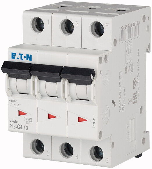 Автоматический выключатель Eaton 4А, кривая отключения С, 3 полюса, откл. способность 6 кА, 286597_ PL6-C4/3
